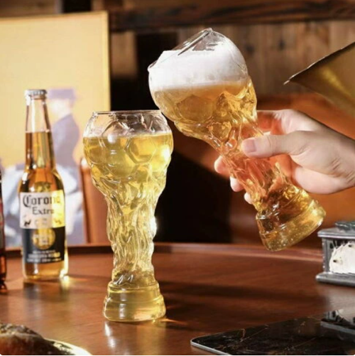 World Cup Hercules Beer Glass — Creative Barware & Business Gift. A football-themed, stemmed glass featuring the iconic Hercules trophy design—an ideal choice for bars, home use, or as a premium business souvenir.