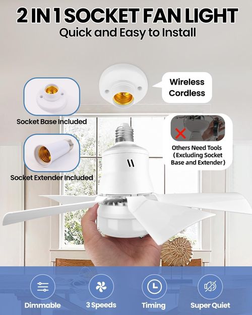 Socket Fan Light with Remote Control - socket ceiling fan 15.75-in ceiling fans with lights and remote Ideal for Bedroom Kitchen Dining Room and Living Room balcony Garage restaurant shop indoor