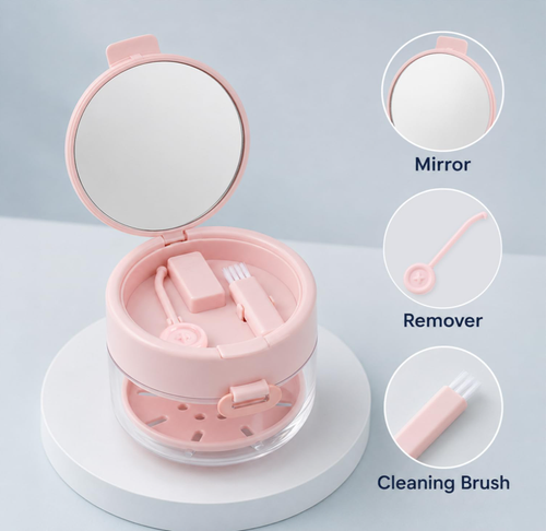 3‑in‑1 Retainer Cleaner Case, Leak‑Proof Aligner Storage Box with Built‑in Mirror, Cleaning Brush & Removal Tool, Drain Tray Oral Appliance Container for Invisalign, Mouth Guard, Dentures