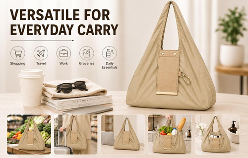 Reusable Foldable Tote Handbag for Women with Zipper Pouch and Metal Clips, Compact Shopping Bag for Travel, Office & Everyday Carry