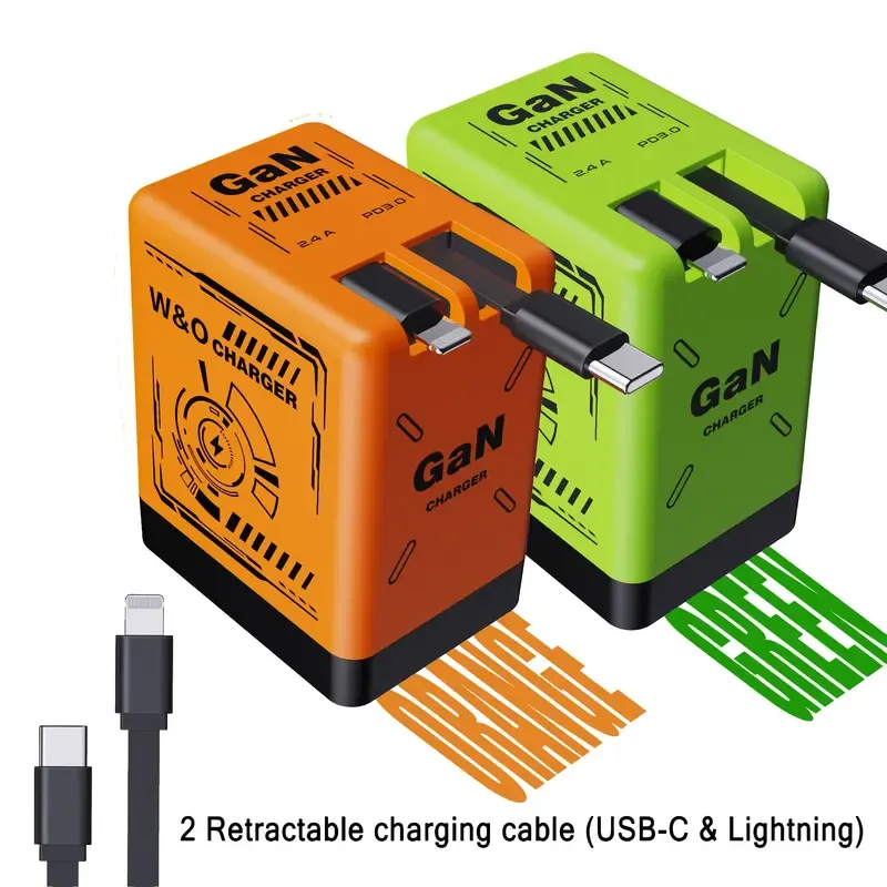 All-in-One Travel Charger - 120W Retractable GAN Charger with Built-in Type-C Cable & USB Ports, Foldable Wall Plug for Laptop, Phone Fast Charging
