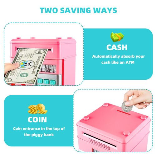 Creative Kids Piggy Bank Automatic Mini Safe Cash Dual Languages Voice Saving Money Box Password Counter Box Code Key Lock Coin Bank ATM Rolling Money with Light SafeToy Gifts