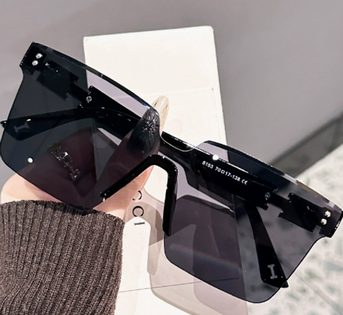 High-end, stylish oversized sunglasses with integrated lettering on the temples, featuring subtle shimmer.