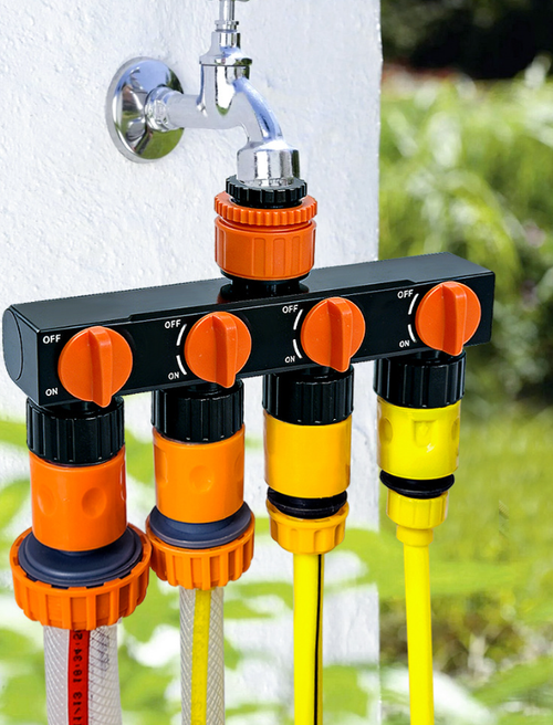 Water flow splitter, 1-to-4 splitter with valve switch, garden faucet connector, nipple-type water pipe fitting