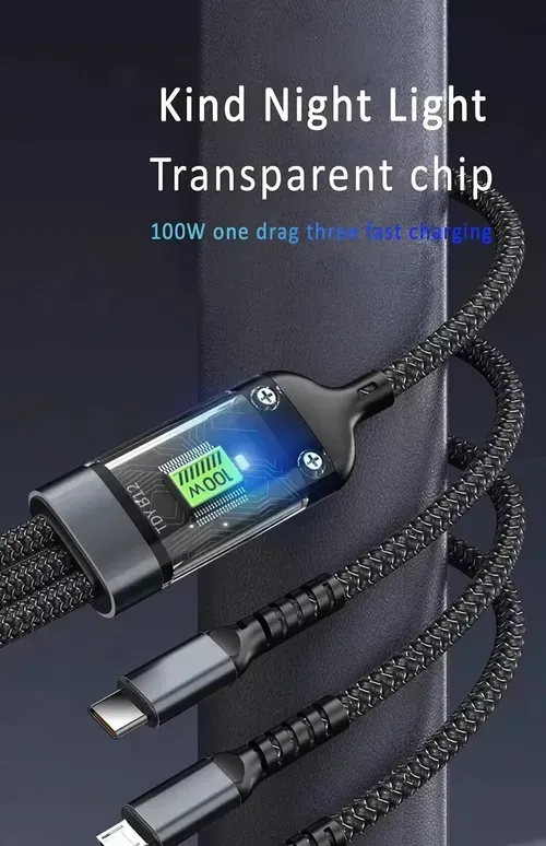 100W Transparent Luminous Charging 3-in-1 Data Cable