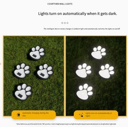 Solar-Powered LED Dog Paw Print Lawn Lights — Outdoor Rainproof Garden & Courtyard Decorative Ground Stakes — Realistic Paw Print Pathway Lights — Solar LED Outdoor In-Ground Garden & Yard Lighting