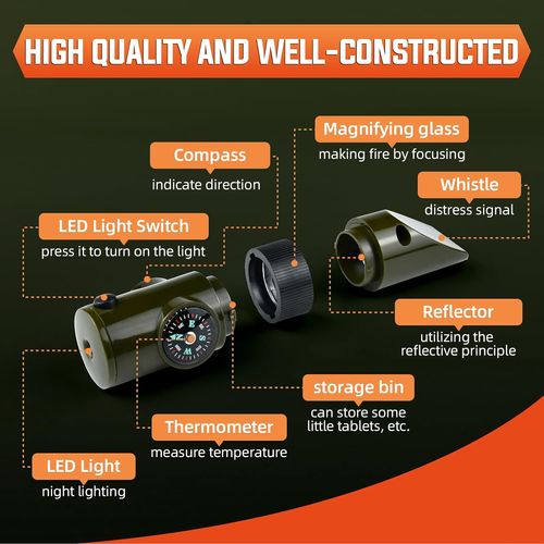 Outdoor Survival Multi Tool Whistle Compass LED Flashlight 7 in 1 Compact Gadget