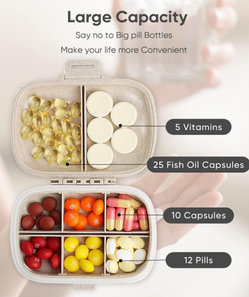 Travel Pill Organizer, 8 Compartments Portable Pill Case, Small Pill Box