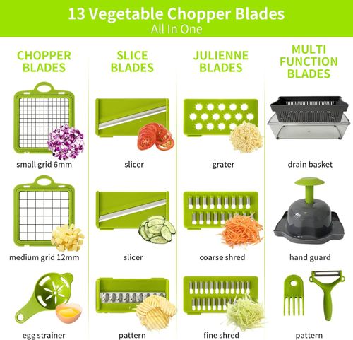 Vegetable Chopper, 14 in 1 Vegetable Cutter Onion Chopper Food Choppers Multifunctional Kitchen Vegetable Slicer Dicer Cutter with 8 Blades and Container for Carrot Potato Salad Garlic