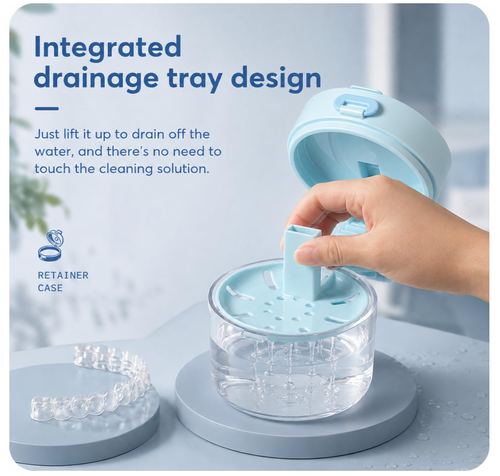3‑in‑1 Retainer Cleaner Case, Leak‑Proof Aligner Storage Box with Built‑in Mirror, Cleaning Brush & Removal Tool, Drain Tray Oral Appliance Container for Invisalign, Mouth Guard, Dentures