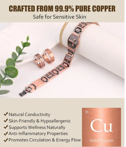 Copper Bracelets for Men, 99% Pure Copper Cross Bracelets Ring Suit Jewelry, with 3500 Gauss