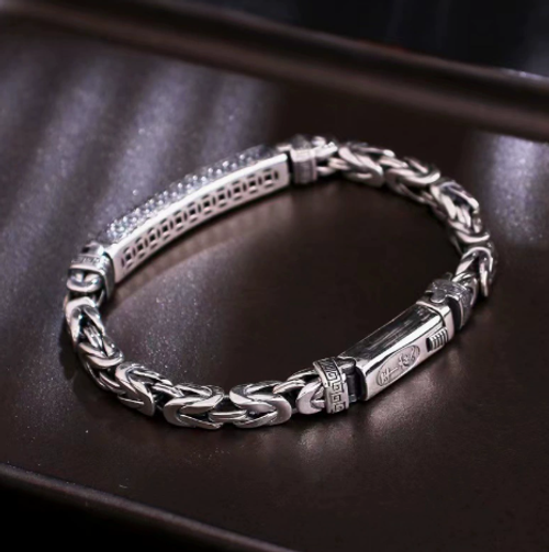 Men's Trendy Silver-Plated Bracelet – Vintage-Style Woven Chain with Dragon-Bone and Peace Patterns