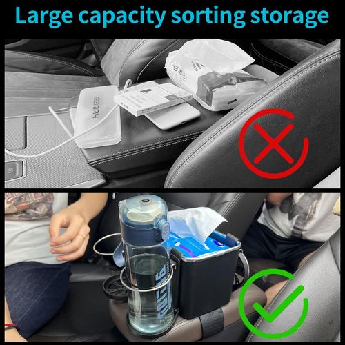 Car Armrest Storage Box Water Cup Holder, TikTok Car Seat Organizer Tissue Storage with Cup Holder, Multifunctional Car Organizers for Water Cup, Coffee, Drink, Paper Towels Cellphones