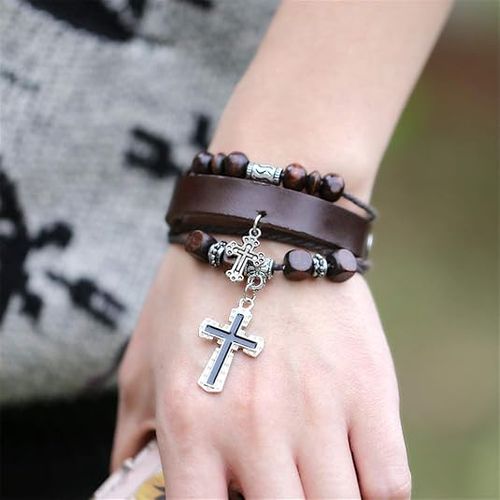 Handmade Leather Bracelets Set for Men and Women Vintage Cross Beaded Braided Black Punk Adjustable Wrap Cuff Bracelet