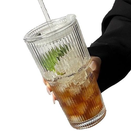 Vaso Vidrio Rayado Tapa Acrilico Y Sorbete De Vidrio 600 Ml