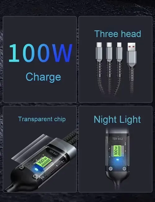 100W Transparent Luminous Charging 3-in-1 Data Cable