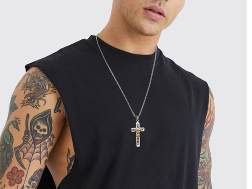 Cross Necklace for Men, Stainless Steel Chain, Silver Toned Pendant, Christian Religious Jewelry