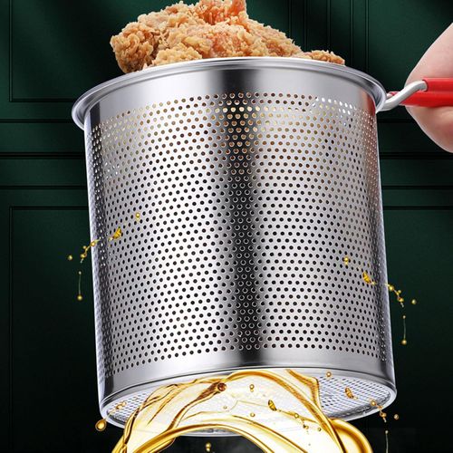 Deep Fryer Pot 304 Stainless Steel Frying Pan with Strainer Basket and Handle, Portable Mini Long Handle Fryer Pan, with Strainer for Home