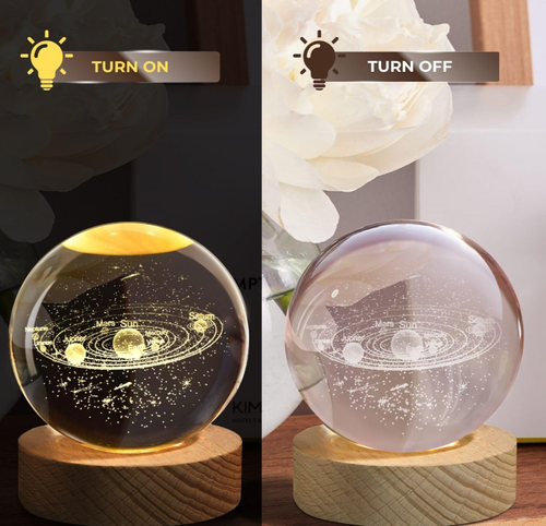 3D Solar System Crystal Ball Night Light   LED Light Hologram Glass Lamp with Solid Wood Base, USB Powered Crystal Ball Lamp w Adjustable Brightness for Home Decor Display Gift,2.4inch