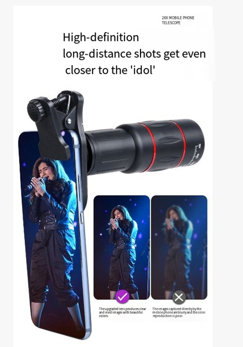 28x Mobile Monocular Telescope — HD Telephoto Photography Auxiliary Lens for Smartphones | High-Magnification Concert Shooting Tool | Universal Camera Attachment