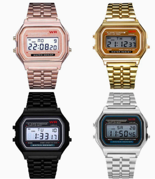 F91W Steel Strap LED Electronic Watch, Ultra-thin Gold and Silver Cold Light Watch, Harajuku Style Fashionable Multifunctional Watch