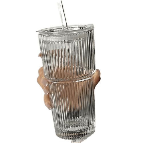 Vaso Vidrio Rayado Tapa Acrilico Y Sorbete De Vidrio 600 Ml