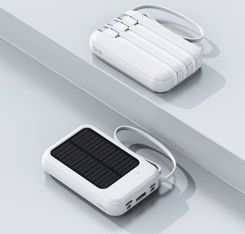 Compact and portable 20,000mAh solar power bank with built-in cables.