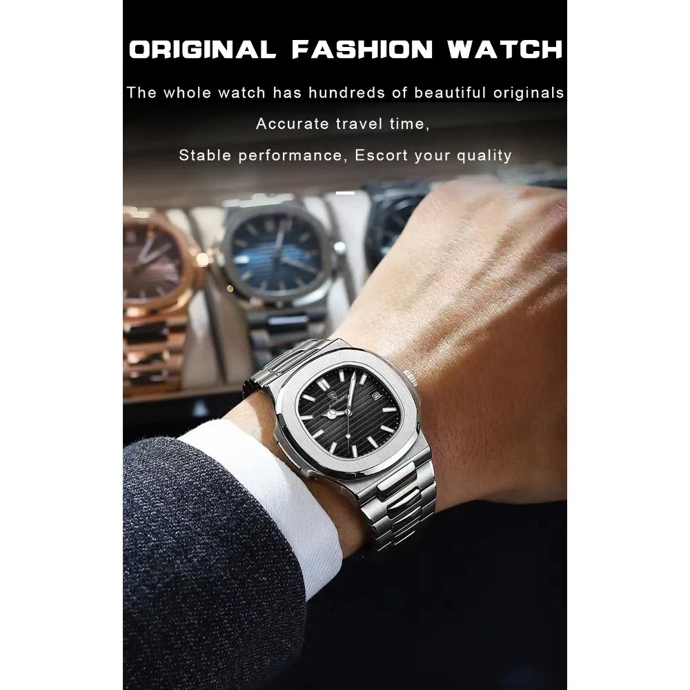 POEDAGAR Square Men Waterproof Luminous Date Stainless Steel Quartz Watch