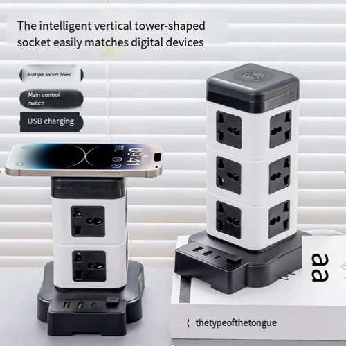 UK-standard power strip with vertical design and wireless charging—universal compatibility.