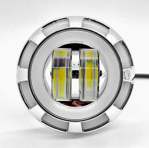 Motorcycle and electric vehicle LED angel eye and demon eye headlights, super bright yellow and white strobe headlights, built-in spotlights, modified motorcycle and electric vehicle LED angel eye headlights, built-in demon eye headlights, yellow and white dual-color strobe headlights, super bright LED angel eye and demon eye headlights, universal for motorcycles and electric vehicles, built-in headlight modification accessories.