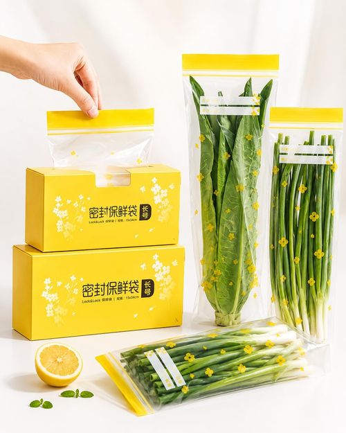 Thickened, elongated, self-sealing bags for kitchen use—suitable for freezing or refrigerating items like scallions.