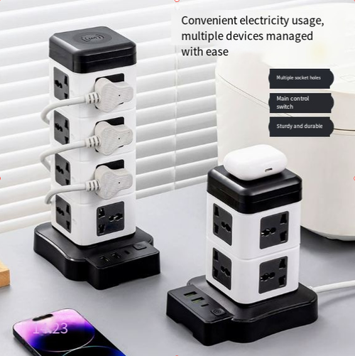 UK-standard power strip with vertical design and wireless charging—universal compatibility.