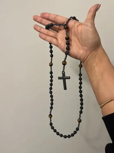 Rosary Style Black Volcanic Stone Yellow Tiger Eye Gallstone Cross Pendant