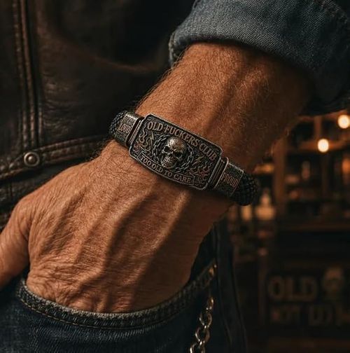 Old Fuckers Club & Wild Freedom | 2026 OLD FUCKERS CLUB Skull Bracelet,Vintage Black Skull Flame Biker Braided Bracelet for Men,Too Old To Care Wristband