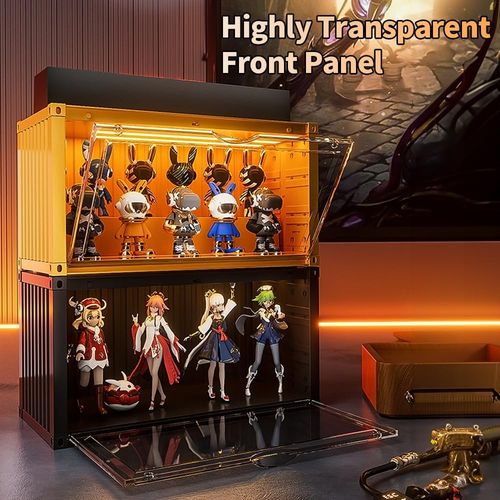 Clear Display Case with Voice-Activated Light, Display Stand Organizer Dustproof Protection Showcase for Collectible Pop Figures and Toys(Yellow)