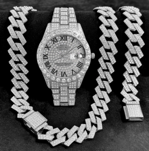 Multiple styles of diamond-encrusted watches, diamond-patterned Cuban bracelets and necklaces, three-piece watch sets