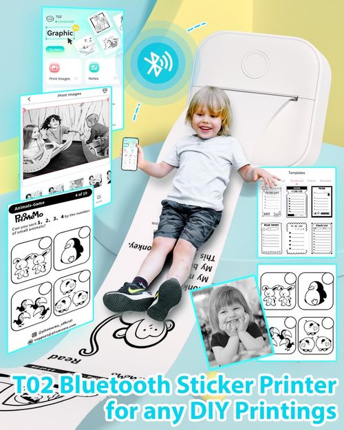 Phomemo Sticker Printer- Print Pods Mini Sticker Printer Maker, Inkless Machine Portable T02, Bluetooth Thermal Pocket Photo Maker for Study Notes, Daily, Photos, DIY, White