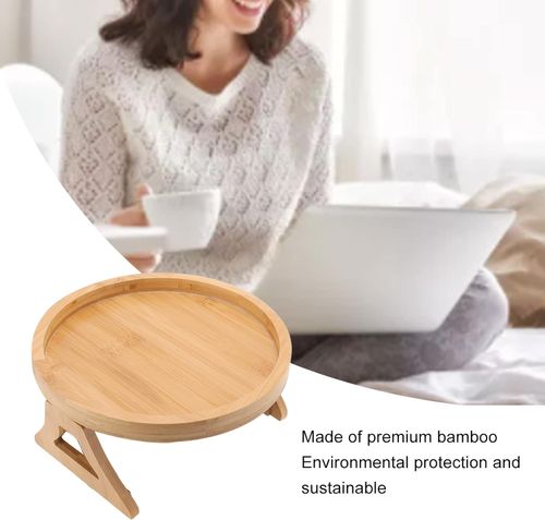 Wood Round Sofa Tray  Clip on Side Table with Foldable Leg for Coffee, Tea, Snacks, Remote Controls, Living Room, Apartment, Dorm