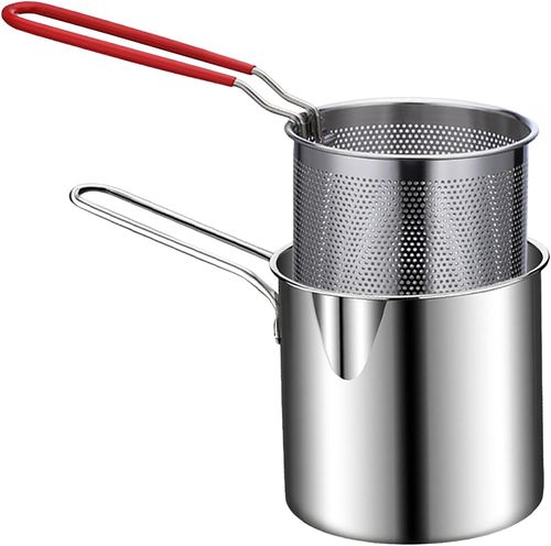 Deep Fryer Pot 304 Stainless Steel Frying Pan with Strainer Basket and Handle, Portable Mini Long Handle Fryer Pan, with Strainer for Home