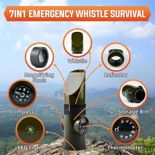 Outdoor Survival Multi Tool Whistle Compass LED Flashlight 7 in 1 Compact Gadget
