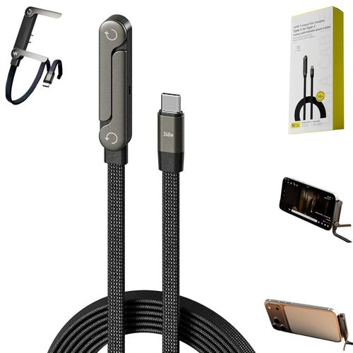 240W Braided Fast Charging Cable with Built-in Phone Holder, 2-in-1 Invisible Holder and Charging Cable, Super Fast 1.5 Meter Long USB-C Cable for Gaming and Office