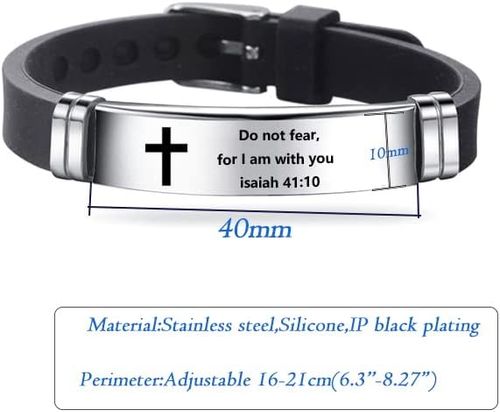 Silicone Bracelet with Cross and Isaiah 41:10 Scripture, Black, Adjustable Wristband, Religious Faith Jewelry