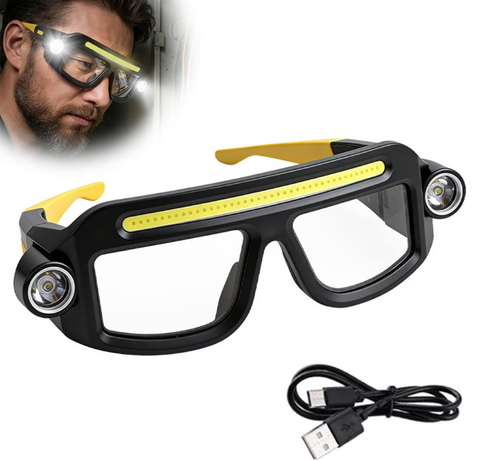 LED Glasses Safety Glasses with Lights,5-Mode Rechargeable USB Work Flashlight,Waterproof Headlamp for Hiking Camping