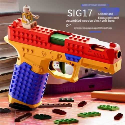Glock-style DIY building block toy pistol SIG17 modelfeatures rapid-fire action and shell ejectiona STEM-style model kit for boys that fires soft foam darts.