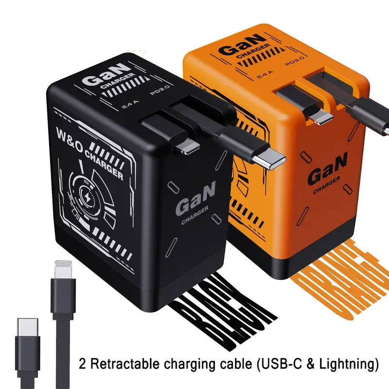All-in-One Travel Charger - 120W Retractable GAN Charger with Built-in Type-C Cable & USB Ports, Foldable Wall Plug for Laptop, Phone Fast Charging