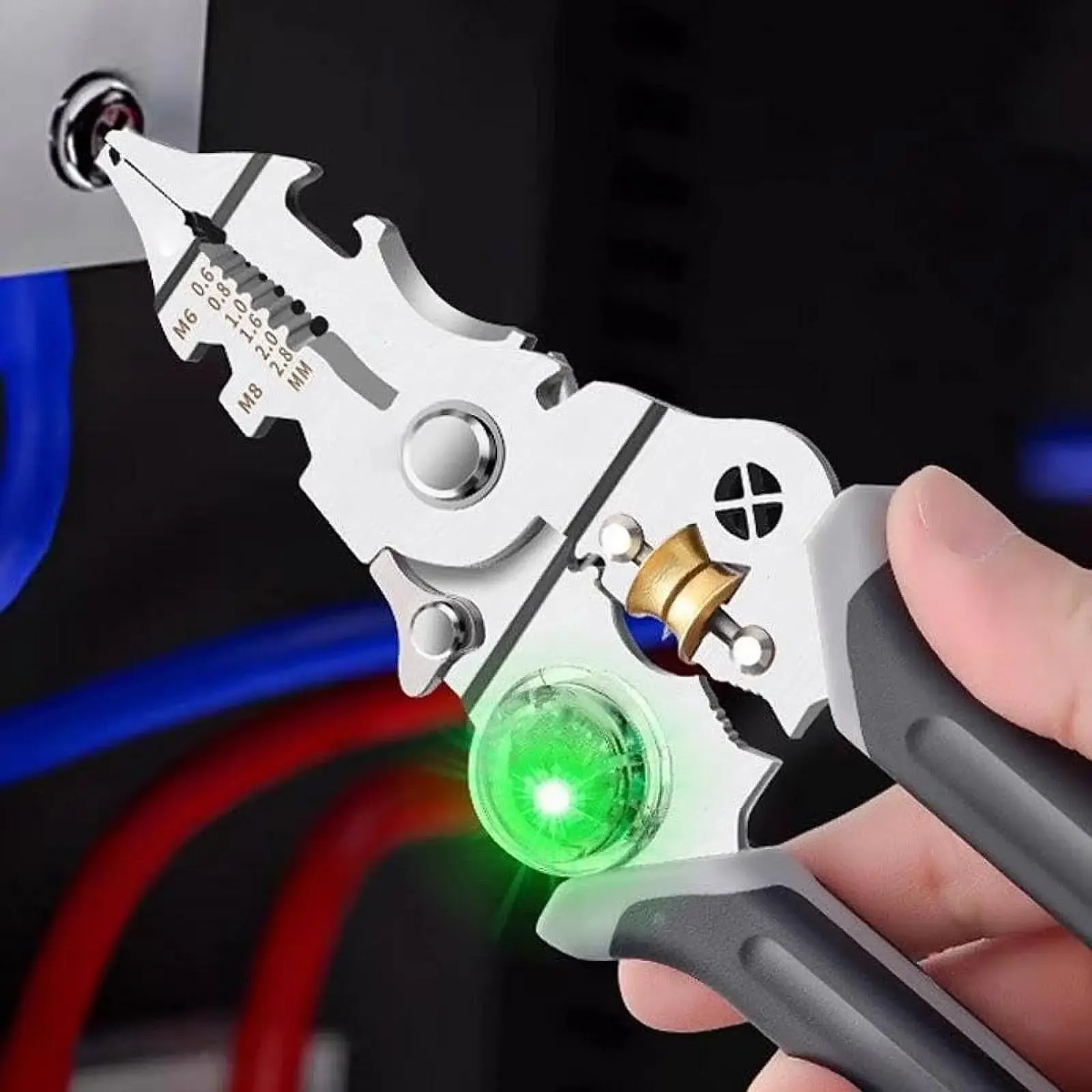 10 in 1 Wire Stripper Pliers with Voltage Tester, Multifunctional Wire Stripping Tool,Portable 0.6-2.8mm Cable Stripper Cutter Tool with Non-Slip Grip,Electrician Wire Cutting Splitting Crimping Tools