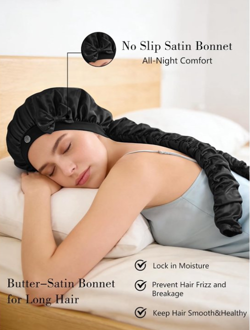 Heatless Curl Satin Bonnet for Sleeping, No Slip Sleep Bonnet with Long Curling Ribbons for Braids & Long Hair