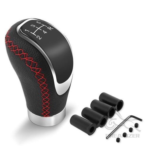 Black Universal 5 Speed Car Gear Lever Shifter Manual Stick Shift Knob PU Leather with Hole Red Stitches