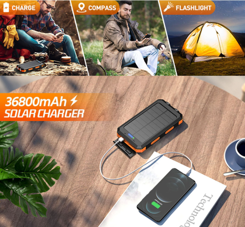Solar Portable Charger, 20000mAh (Real 10000mAh) Outdoor Power Bank  This solar-powered portable charger is your ultimate outdoor companion, designed for camping, hiking, emergency use and long-distance travel.
