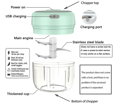 Electric Mini Vegetable Chopper, Food Chopper, Garlic Slicer Veggie, Salad, Lettuce, Onion, Chili Crusher, Tomato Dicer Chopper Cutter & Ginger Meat Mincer for Kitchen, Portable USB Chopper (250ML)